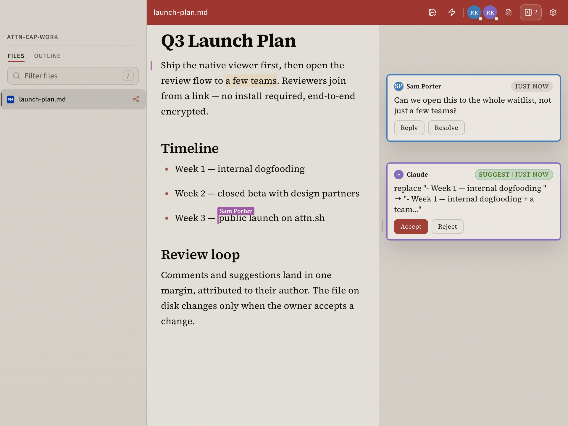 A live attn review session: inline comment and suggestion cards beside the markdown, with a labeled collaborator cursor